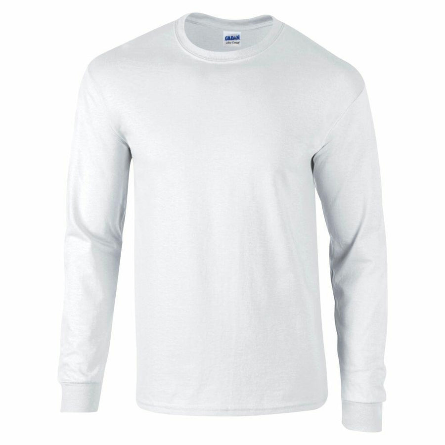 A long-sleeve GD014 t-shirt from Gildan in ash gray, displayed on a plain white background. The shirt features a simple crew neck with no visible design or logos.