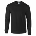 A Gildan GD014 long-sleeve T-shirt in plain black with a crew neckline is displayed against a white background.