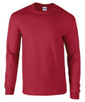 A Gildan GD014 plain red long-sleeve T-shirt is displayed against a white background.