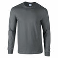 A long-sleeve GD014 t-shirt from Gildan in dark gray, displayed on a plain white background. The shirt features a simple crew neck with no visible design or logos.
