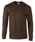 A Gildan GD014 brown long-sleeve t-shirt is displayed against a white background.