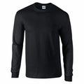 A Gildan GD014 plain black long-sleeve T-shirt is displayed on a white background. The shirt features a crew neckline and has a simple, casual appearance.