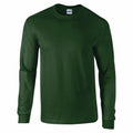 A dark green long-sleeve T-shirt from Gildan, model GD014, is displayed against a white background. The shirt features a crew neck and a standard fit, with no visible logos or designs.