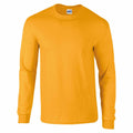 A Gildan long-sleeved t-shirt (Product Name: GD014), featuring a bright yellow color, round neckline, and ribbed cuffs, shown on a white background.