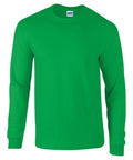 A Gildan GD014 plain, long-sleeve green shirt displayed on a white background.