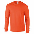 A Gildan GD014 long-sleeve orange T-shirt set against a white background.