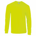 A vibrant yellow long-sleeve GD014 shirt with a round neckline is displayed against a plain white background, featuring the Gildan brand label on the inside back of the collar.