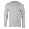 A Gildan GD014 plain white long-sleeve crewneck T-shirt displayed against a white background.
