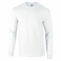 The Gildan GD014 is a plain white long-sleeve T-shirt showcased against a white background. It features a round neckline with simple stitching on the cuffs and hem.