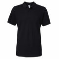 A Gildan GD017 black polo shirt featuring short sleeves and a three-button collar.