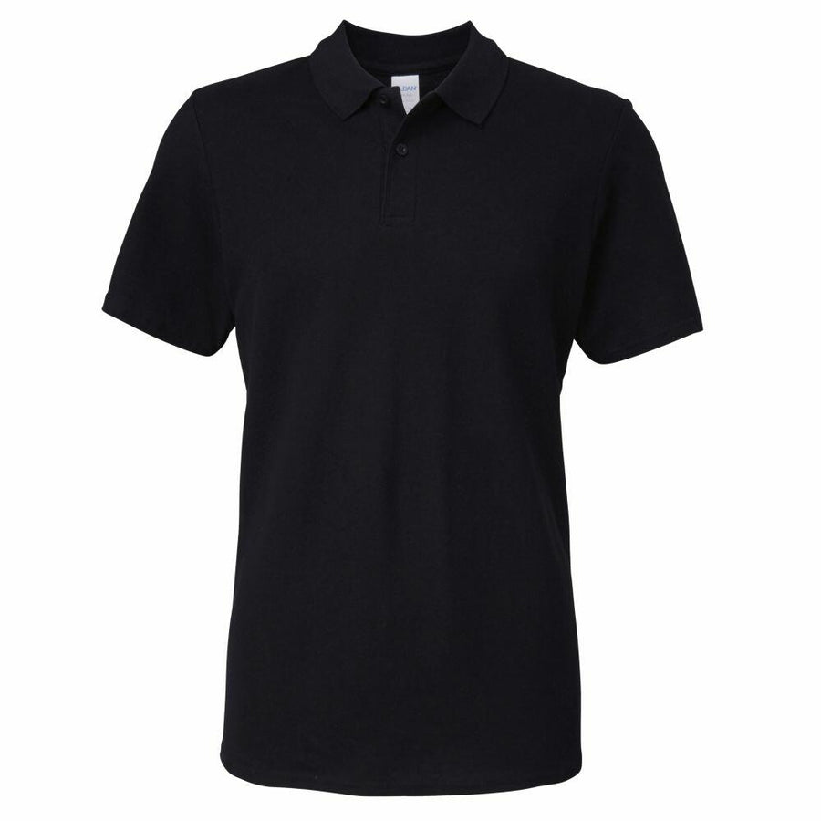 A Gildan GD017 black polo shirt featuring short sleeves and a three-button collar.