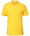 The Gildan GD017 is a plain yellow polo shirt featuring short sleeves, a collar, and a buttoned placket, showcased against a white background.