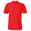 A vibrant red short-sleeve polo shirt from Gildan, featuring a collar and a button-up front, elegantly displayed on a plain white background. This Gildan GD017 shirt is impeccably ironed for a polished look.