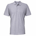 The Gildan GD017 is a plain gray short-sleeve polo shirt featuring a collar and three buttons down the front.