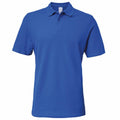 A blue GD017 polo shirt by Gildan, featuring short sleeves and a collar, showcases a simple, classic design with a three-button placket. The shirt is displayed on a plain white background.