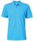 Displayed against a white background is the GD017 by Gildan, a plain blue polo shirt featuring short sleeves and a button-up collar.