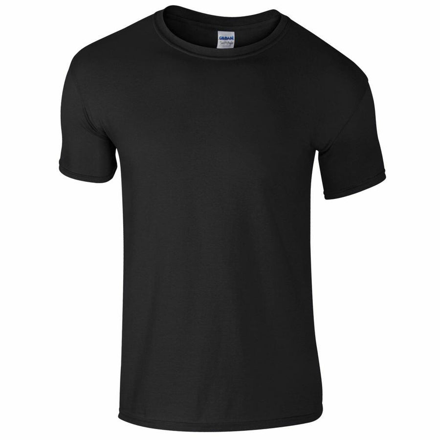 A Gildan GD01B plain black short-sleeve T-shirt on a white background.