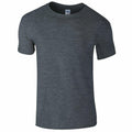 The Gildan GD01B is showcased against a white backdrop, featuring a plain, dark grey color with a round neckline. The fabric looks smooth with a subtle texture. This short-sleeved T-shirt offers a simple and classic design.