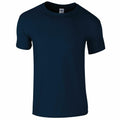 The product is a Gildan GD01B, which features a plain, dark blue color with short sleeves. Displayed against a white background, it boasts a simple, classic round neckline.