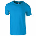 Product GD01B from Gildan showcases a plain blue T-shirt against a white background. It features a round neckline and short sleeves, embodying a simple, casual style.