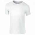 The Gildan GD01B is showcased against a white background. This plain, white short-sleeve t-shirt has a simple design with a round neckline and no visible patterns or logos.