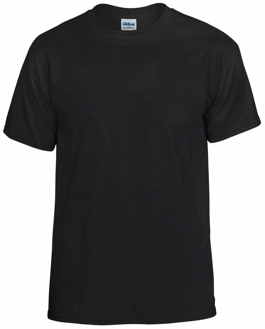 A Gildan GD020 short-sleeve T-shirt in plain black.