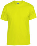 A Gildan GD020 short-sleeved t-shirt in bright yellow displayed against a plain white background, with the tag at the collar visible but not legible.
