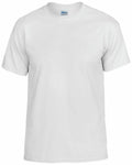 The Gildan GD020, a plain white short-sleeve T-shirt with a crew neckline, is displayed on a mannequin against a white background, showcasing its simple and classic design.