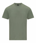 The GD024 by Gildan is a plain, short-sleeved T-shirt in olive green, featuring a crew neck and minimalist design, set against a white background.
