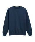 A navy blue long-sleeved sweatshirt is shown against a white background, featuring a plain crew neck design with ribbed collar, cuffs, and hem.