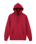 A red hooded sweatshirt with a front pocket and drawstrings is shown against a white background.