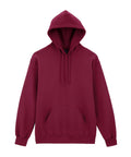 A maroon hooded sweatshirt with a hood, front pocket, and drawstrings is displayed on a white background.