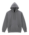 A grey "Hoodies" sweatshirt with a front pocket and drawstrings is shown laid flat on a white background.
