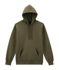 The Hoodies product is an olive green hooded jumper with long sleeves, ribbed cuffs and hem, a front pocket, and drawstrings, shown against a white background.