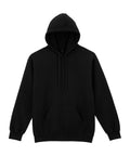 A black hooded sweatshirt with a hood, front kangaroo pocket, drawstrings, and ribbed cuffs and hem is shown on a white background.