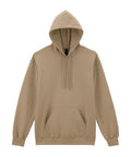 A light brown hoodie sweatshirt with a hood, drawstrings, front kangaroo pocket, and long sleeves is laid flat on a white background.