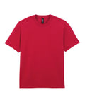 A plain red short-sleeved T-shirt is shown on a white background. It features a crew neckline, a small black tag inside the collar, and has no visible logos, patterns, or designs.