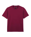 A solid maroon T-shirt with short sleeves and a crew neck is laid flat on a white background.