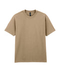 A solid beige, short-sleeved crew neck T-shirt is laid flat on a white background.