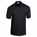 A Gildan GD040, a plain black polo shirt featuring a collar and short sleeves, is displayed against a white background.