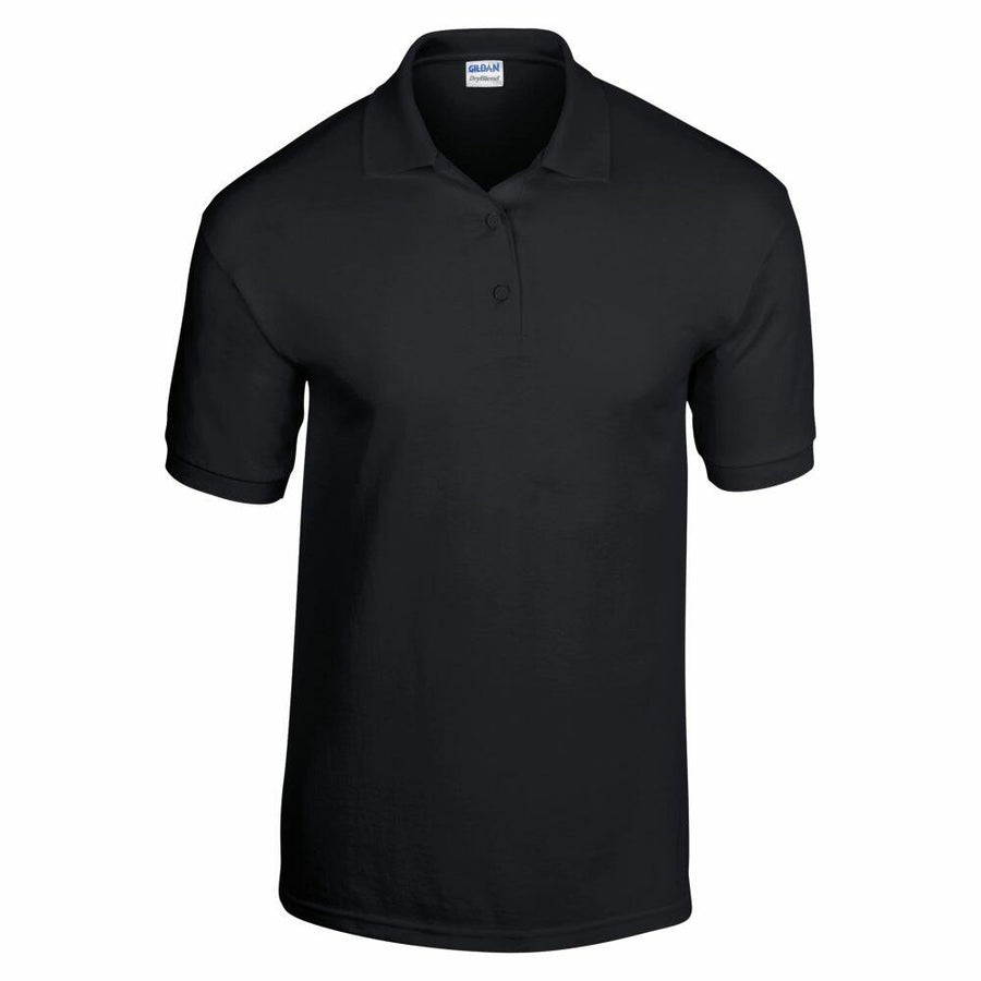 A Gildan GD040, a plain black polo shirt featuring a collar and short sleeves, is displayed against a white background.