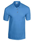 Gildan GD040, a blue short-sleeve polo shirt featuring a collar and three buttons.