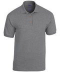 The Gildan GD040 is a plain gray polo shirt featuring short sleeves and three brown buttons.