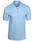 A light blue Gildan polo shirt, model GD040, featuring a collar and three buttons down the front. The shirt is designed with short sleeves and maintains a simple, classic look.