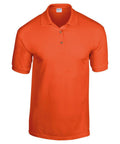 Introducing the Gildan GD040: a vibrant orange polo shirt featuring short sleeves, a classic collar, and three button detailing down the front. Showcased against a simple white background.