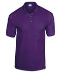 The GD040 from Gildan is a purple polo shirt featuring a collar and three buttons on the front. It has short sleeves, and its fabric appears smooth and comfortable.