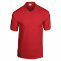 A short-sleeved, collared red polo shirt featuring a buttoned placket, known as Product GD040 by Gildan.