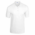 A Gildan GD040 plain white polo shirt featuring short sleeves, a collar, and a three-button front.