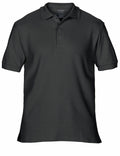 The Gildan GD042 is a dark gray polo shirt featuring short sleeves, a collar, and three buttons.