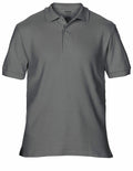 A Gildan GD042 gray polo shirt, featuring a collar and three buttons.